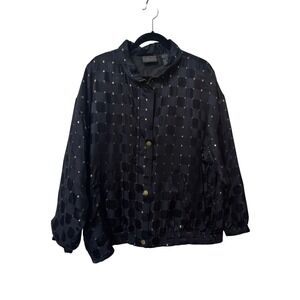 Mureli Vintage 80s 100% Silk Black Gold Metallic Dot Bomber Jacket Womens XL